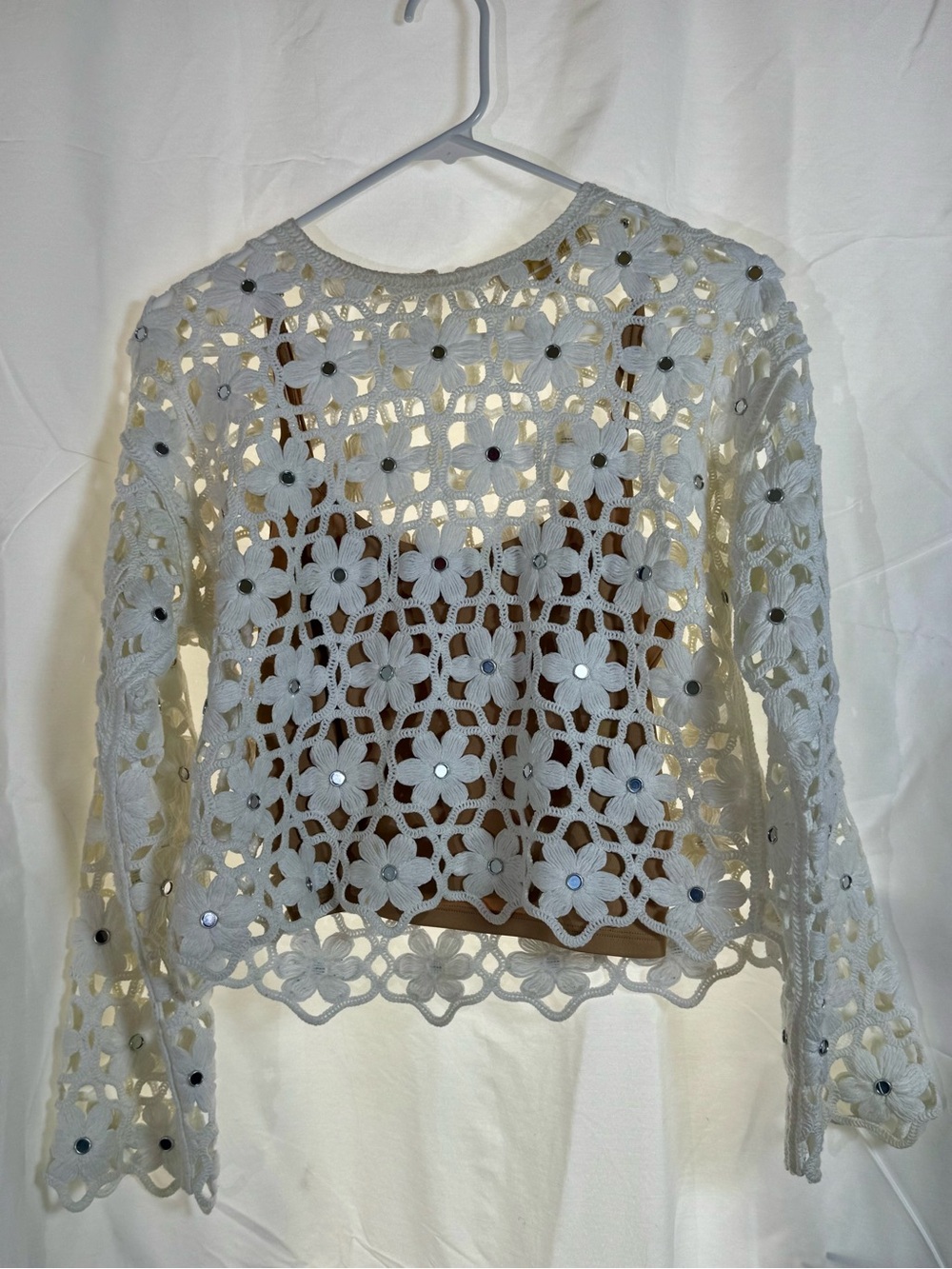 Michael Kors Mirror-Embellished Floral Crochet Top Small